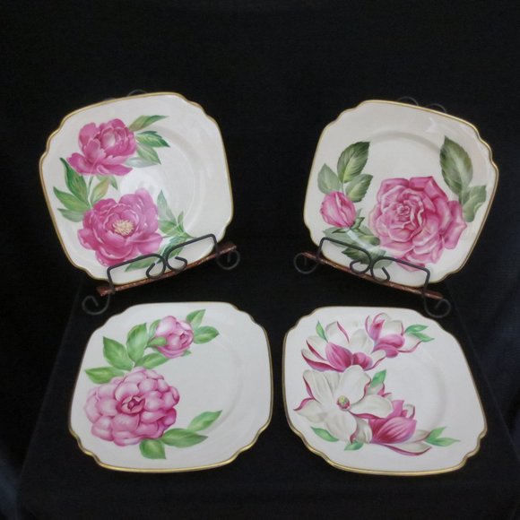 New Syracuse China 8" Floral Plates White Pinks Greens 1960s Vintage Set of 4 - Picture 3 of 16